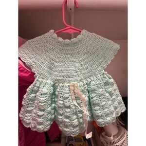Handmade Baby Girls Crochet Dress Mint Green Scalloped Ribbon Bow Back Kids